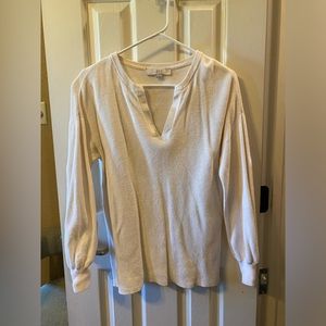 Loft white v neck sweater with bubble sleeves